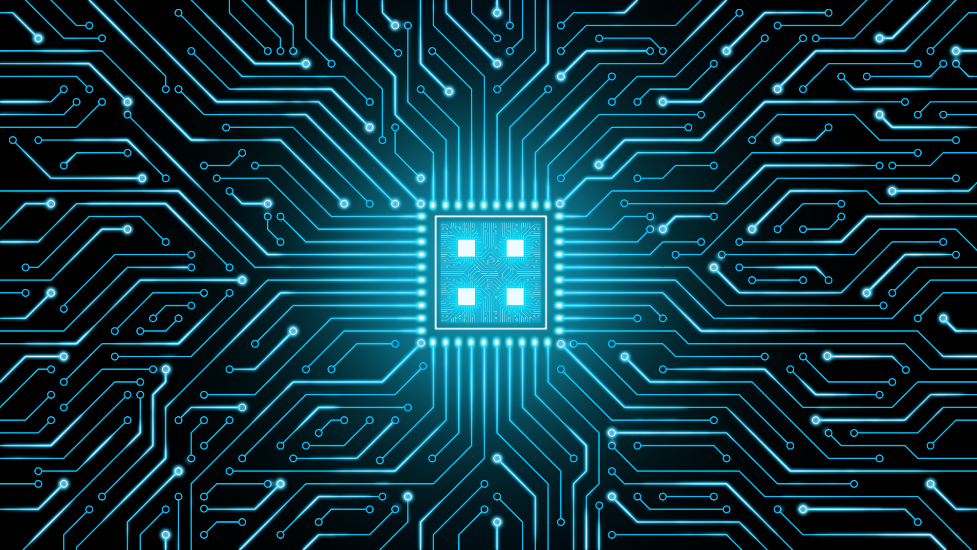 Circuit board background with blue line and chip processor in the middle
