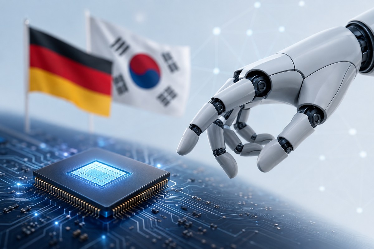 Symbolbild: eine Roboterhand greift nach einem Computer-Chip. Im Hintergrund die Flaggen von Deutschland und Südkorea., KI-generiert