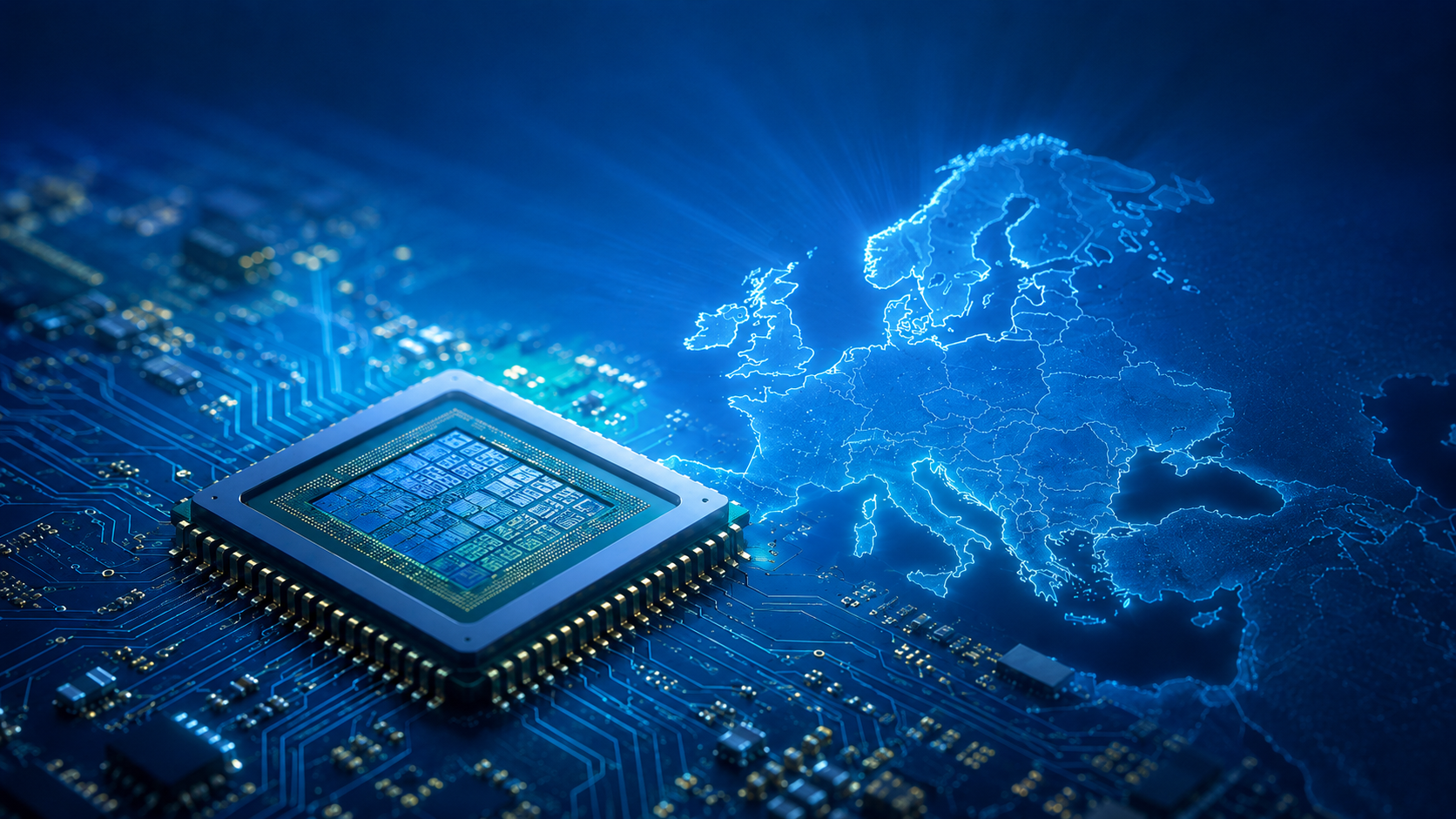 Mikrochip auf einer Leiterplatte neben einer leuchtenden Europakarte als Symbol für Mikroelektronik und europäische Technologiesouveränität.