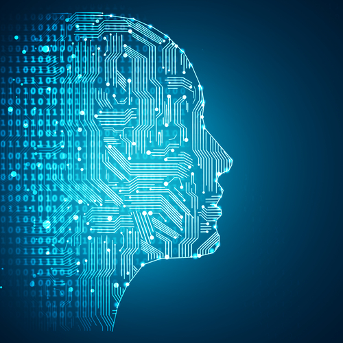 Kopf aus technologischem Code und Linien in blau