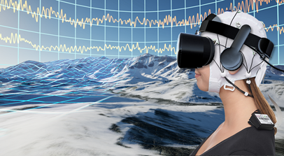 Die Patientin nutzt ein VR-Gerät, um in eine immersive virtuelle Welt einzutauchen, die durch gezielte Ablenkung und positive Emotionen eine schmerzlindernde Wirkung entfalten soll
