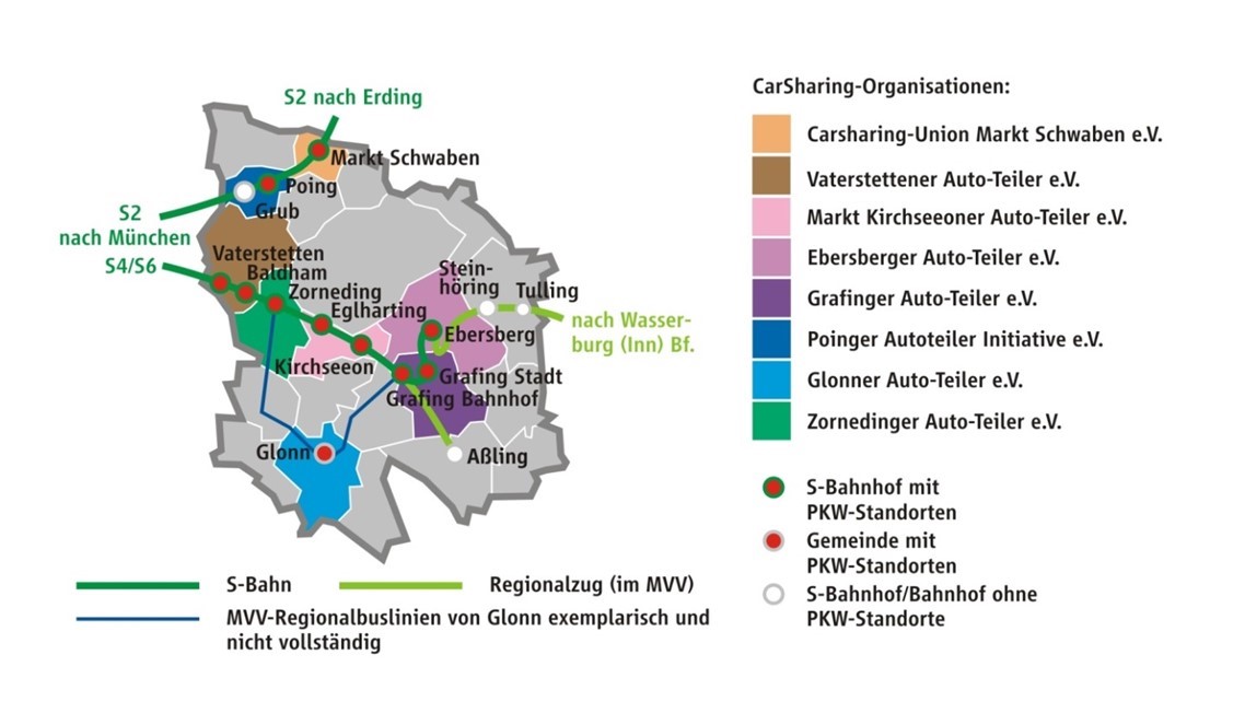 Eine Karte, die die verschiedenen CarSharing-Organisationen im Landkreis Ebersberg zeigt