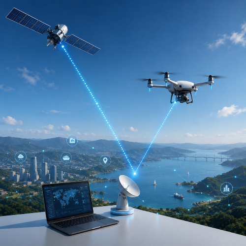 Satellit, Drohne, Satellitenschüssel und Laptop vor einer Landschaft mit Wasser, Bergen und Gebäuden.