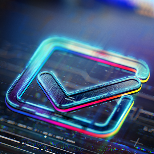 eine blau illuminierte Fläche mit einem Icon mit Häkchen