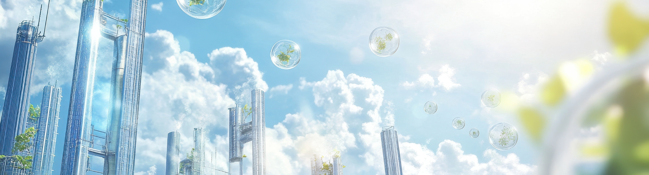 Blauer Himmel mit futuristischer Stadt und Luftblasen mit Blättern gefüllt