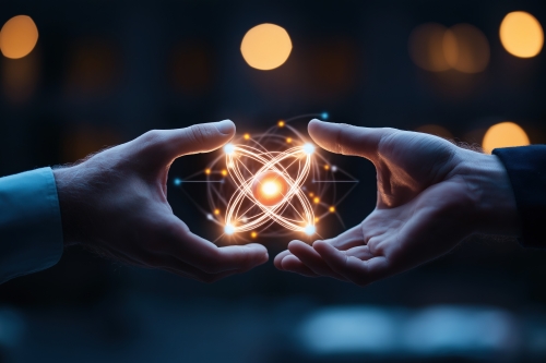 Symbolische Darstellung eines Atoms zwischen zwei Händen