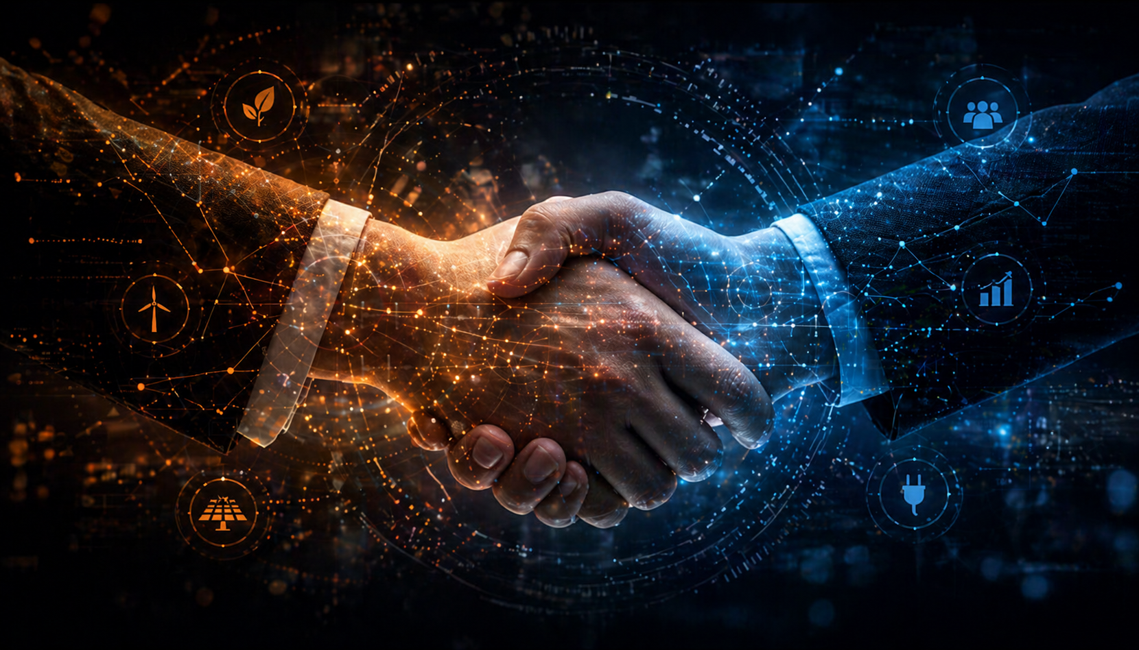 Zwei Hände im Handschlag vor digitalem Netzwerkhintergrund mit Symbolen für Energie, Nachhaltigkeit und Zusammenarbeit.