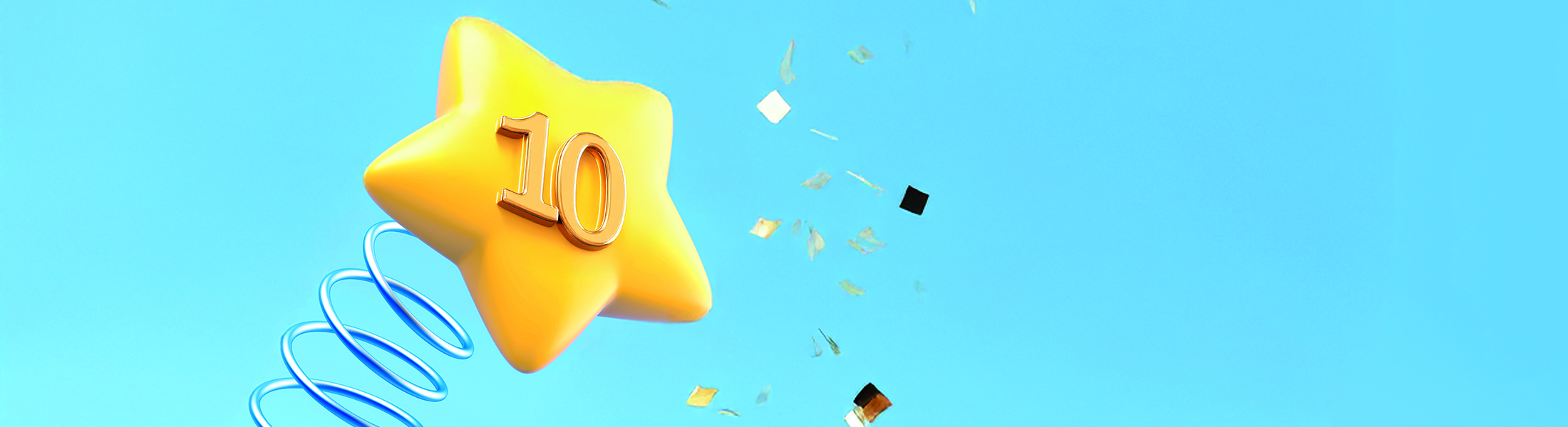 gelber Stern mit einer 10, einer Sprungfeder und Konfetti