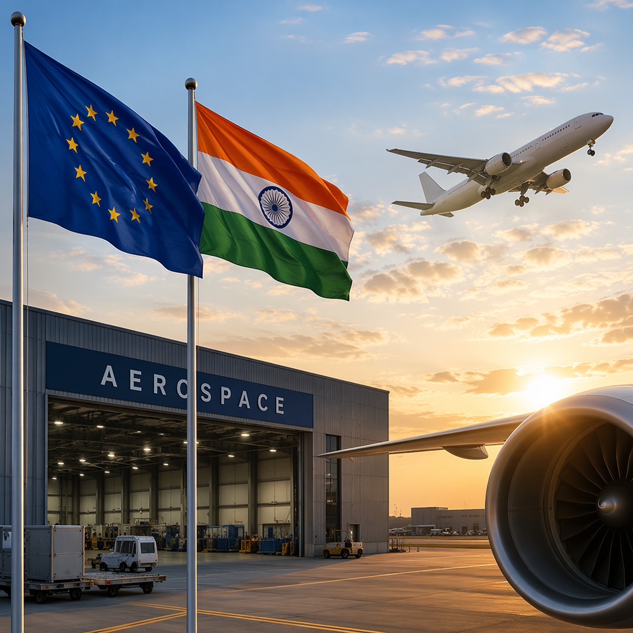 Flugzeugturbine im Vordergrunde, abhebendes Flugzeug, Flugzeughangar und Indien und EU-Flagge