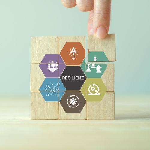9 Holzwürfel, auf denen Resilienz-Symbole abgebildet sind, im Zentrum das Wort Resilienz. 