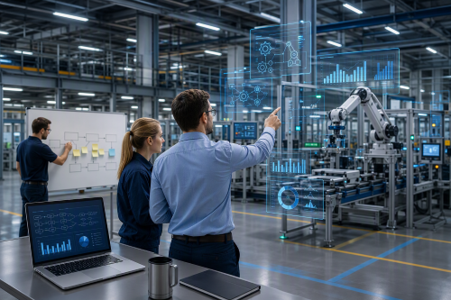 Mitarbeiter in einer futoristischen Produktionshalle, KI-generiert