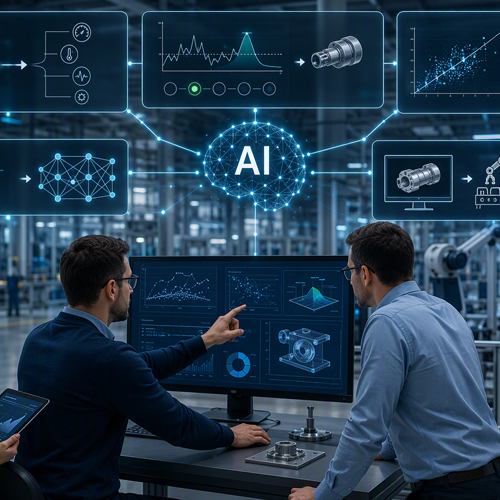 Zwei Männer stehen vor einem Touchdisplay und analysieren KI-generierte Produktionsvorgänge
