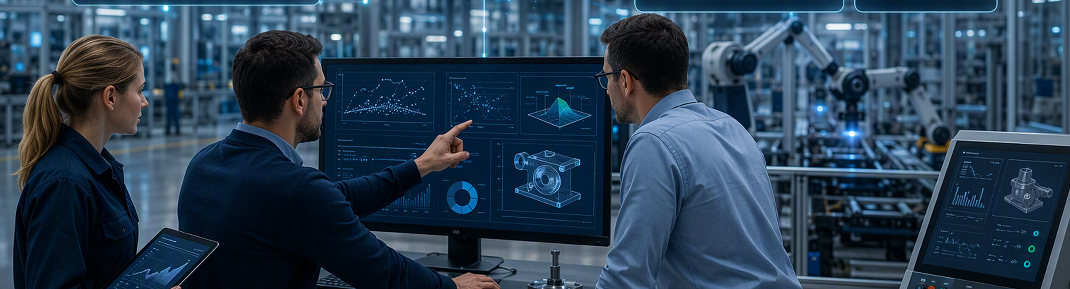 Zwei Männer stehen vor einem Touchdisplay und analysieren KI-generierte Produktionsvorgänge