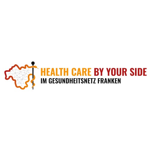 Logo mit stilisierter Landkarte und Stethoskop daneben der Schriftzug 'HEALTH CARE BY YOUR SIDE IM GESUNDHEITSNETZ FRANKEN'