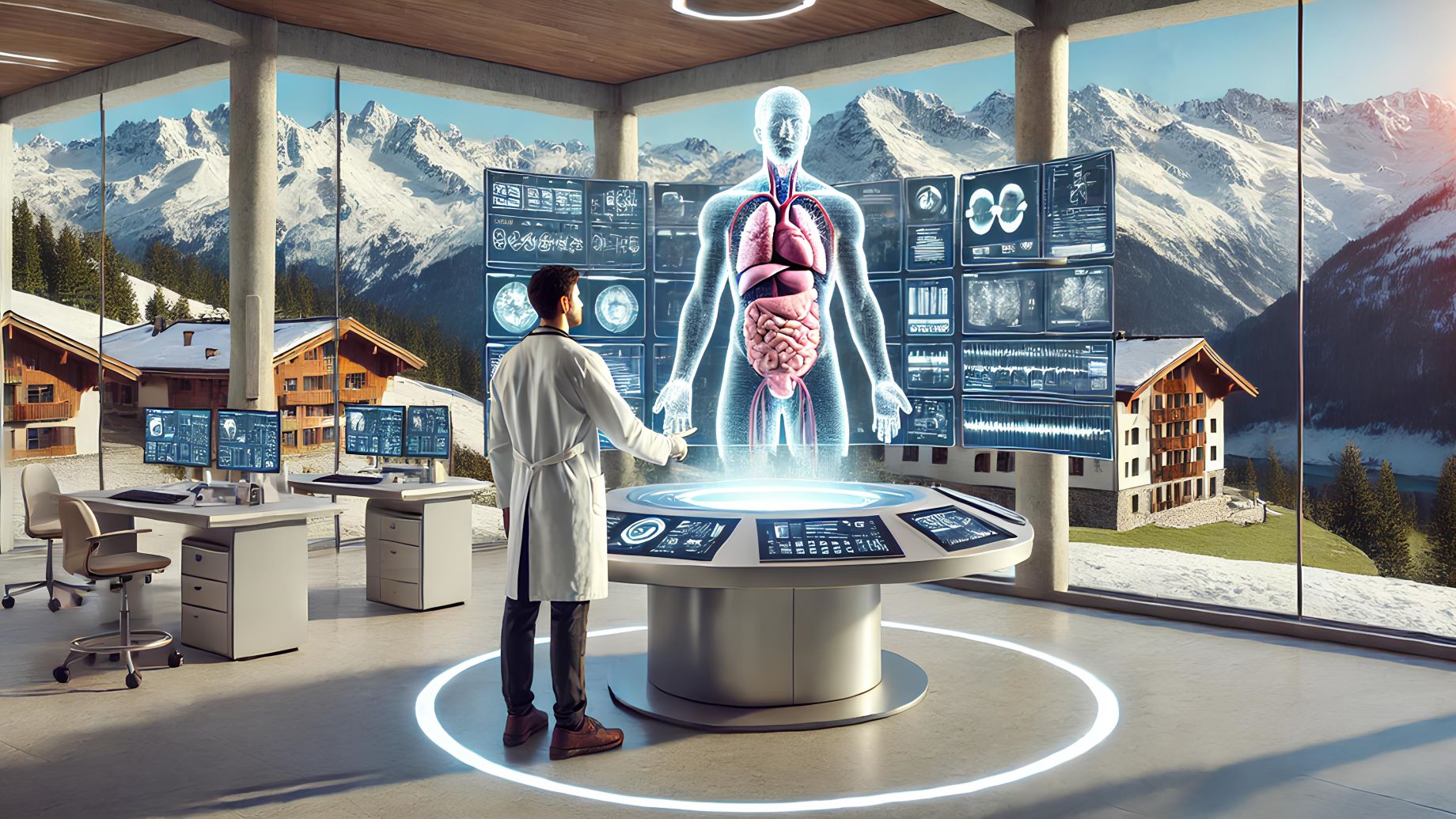 Das Bild zeigt einen Arzt in einem modernen, hochtechnologischen Raum mit Blick auf eine verschneite Berglandschaft. Der Arzt steht an einem interaktiven Tisch, auf dem ein holografisches, dreidimensionales Modell des menschlichen Körpers mit seinen inneren Organen zu sehen ist. Um den Tisch herum befinden sich mehrere Monitore, die medizinische Daten anzeigen., KI-generiert