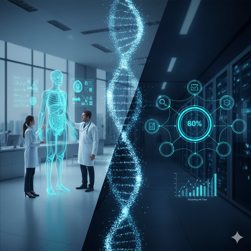 Das Bild zeigt eine Collage, die zwei verschiedene Szenen miteinander verbindet. Auf der linken Seite stehen zwei Ärzte in weißen Kitteln vor einer transparenten Darstellung des menschlichen Körpers mit verschiedenen digitalen Anzeigen, die medizinische Daten und Informationen zu liefern scheinen. Im Hintergrund ist ein moderner, sauberer Büroraum zu sehen.