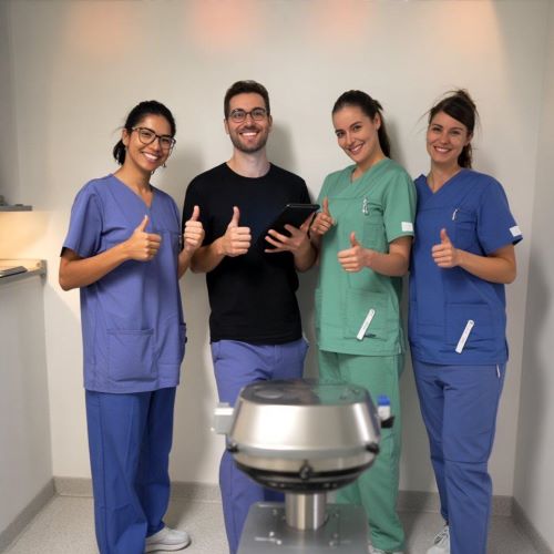 Vier Personen in medizinischer Arbeitskleidung und Freizeitkleidung zeigen Daumen hoch in einem hellen Raum mit medizinischem Gerät im Vordergrund