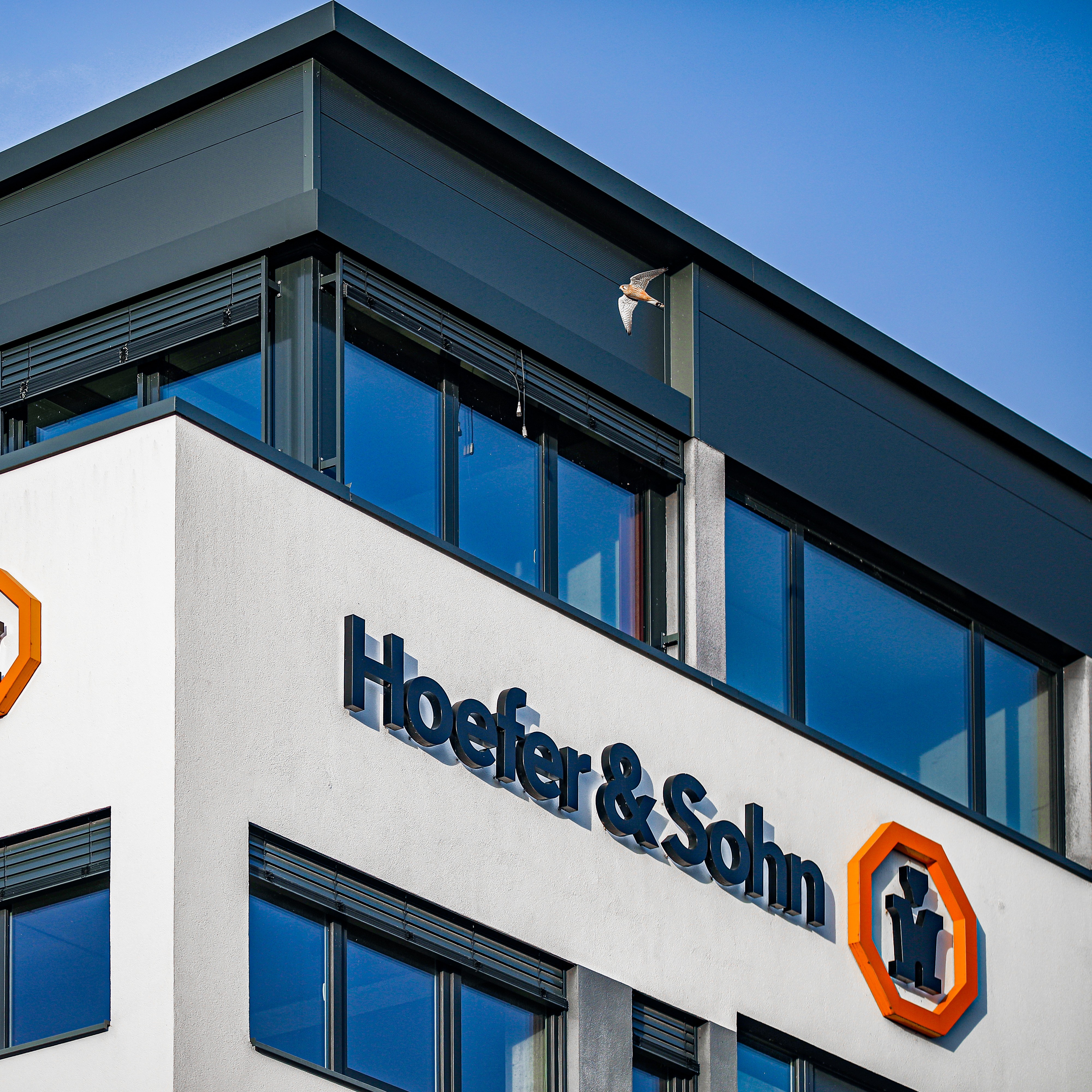 Eckansicht eines modernen Bürogebäudes mit der Aufschrift 'Hoefer & Sohn' und einem orangefarbenen sechseckigen Logo mit einer stilisierten Figur
