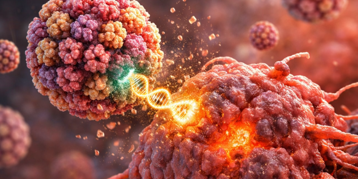 Nahaufnahme von kugelförmigen Virenpartikeln mit einer leuchtenden DNA-Doppelhelix zwischen zwei Partikeln
