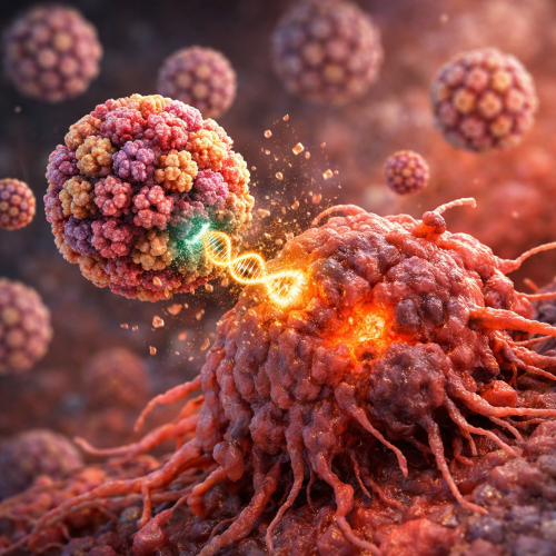 Nahaufnahme eines Viruspartikels, der genetisches Material in eine Zelle überträgt, umgeben von weiteren Viruspartikeln