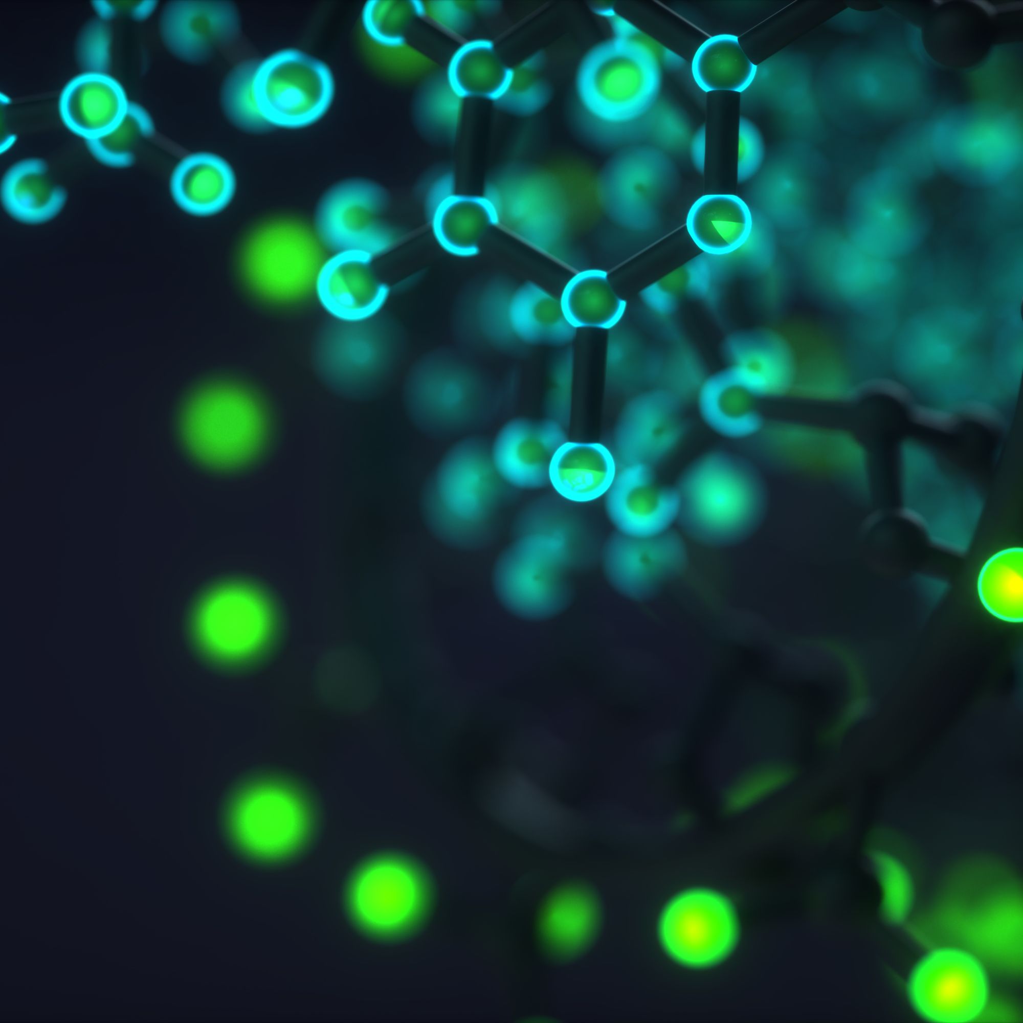 Nahaufnahme eines Molekülmodells mit leuchtenden grünen und blauen Kugeln vor dunklem Hintergrund