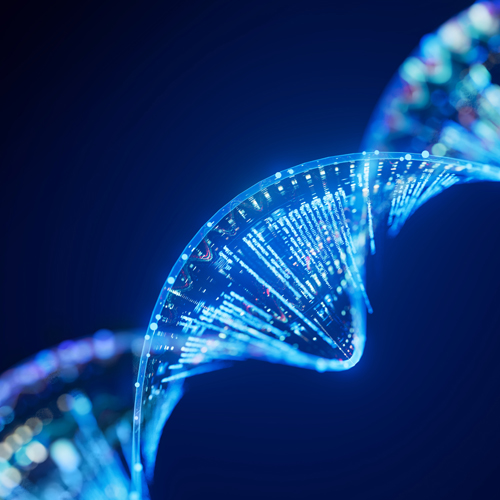 DNA-Doppelhelix auf einem blauen Hintergrund, veranschaulicht die Grundlagen der Genetik.