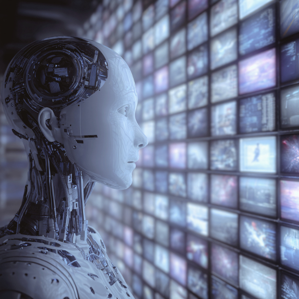 Roboter schaut auf eine Wand voller kleiner Bildschirme