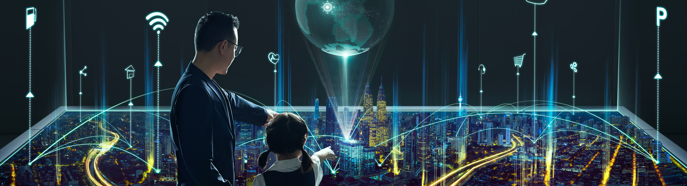 Futuristische Darstellung eines Vaters, der seiner Tochter eine virtuelle Welt zeigt