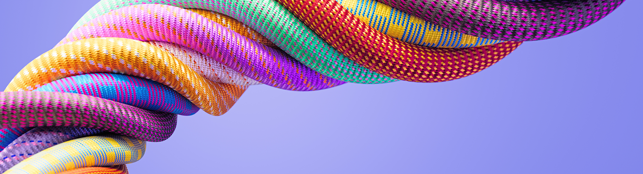 Mehrere in verschiedenen Farben unterschiedlich gemusterte Seile sind zu einem dicken Seil verwoben. Der Hintergrund ist hell.