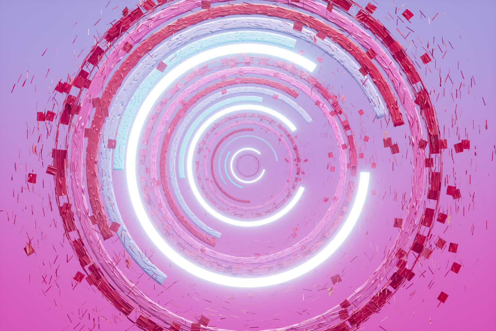 Sich drehender Strudel aus pinken, weiß leuchtenden und dunkelroten Elementen. Es wirkt, als würden sich die Teile vom Ganzen ablösen und nach außen hin ausbrechen. Der Hintergrund ist pink und lila.