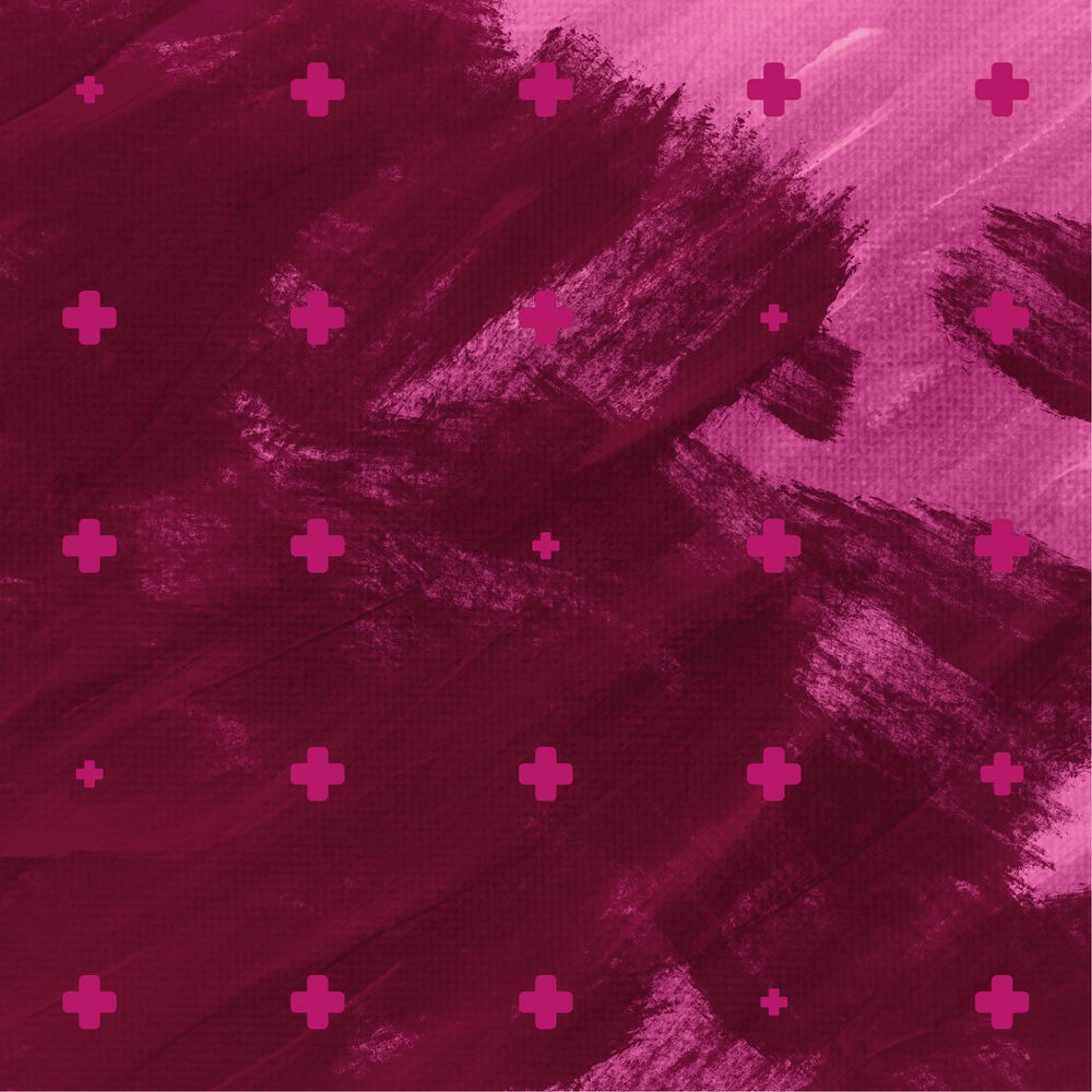 Farbstriche in zwei verschiedenen beerfarbenen Tönen gepaart mit beerefarbenen Kreuzen die auf dem gesamten Bild zu sehen sind.