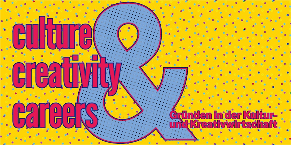 Schriftzug "Culture, Creativity, Careeres" auf gelbem Hintergrund, großes ET Zeichen in Lila