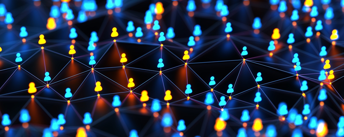Ein futuristisches digitales Bild mit leuchtenden Linien und Verbindungen, die ein großes technisches Netzwerk darstellen. Das Bild zeigt moderne Datenverarbeitung, Kommunikation und den Austausch vieler Informationen in einer dreidimensionalen, abstrakten Form.