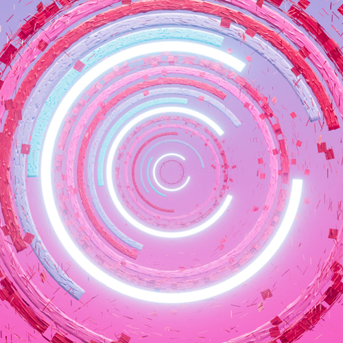 Ein pink- und blaufarbener Hintergrund mit einem kreisförmigen Design in der Mitte.