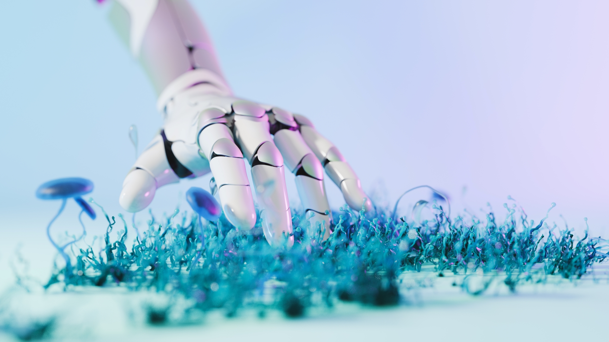 Roboterhand greift in künstliches Gras