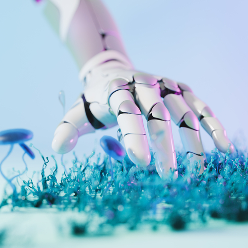 Roboterhand greift in künstliches Gras