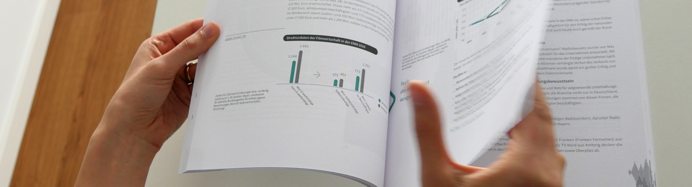 Eine Person hält ein Buch mit einem Diagramm auf der Seite.