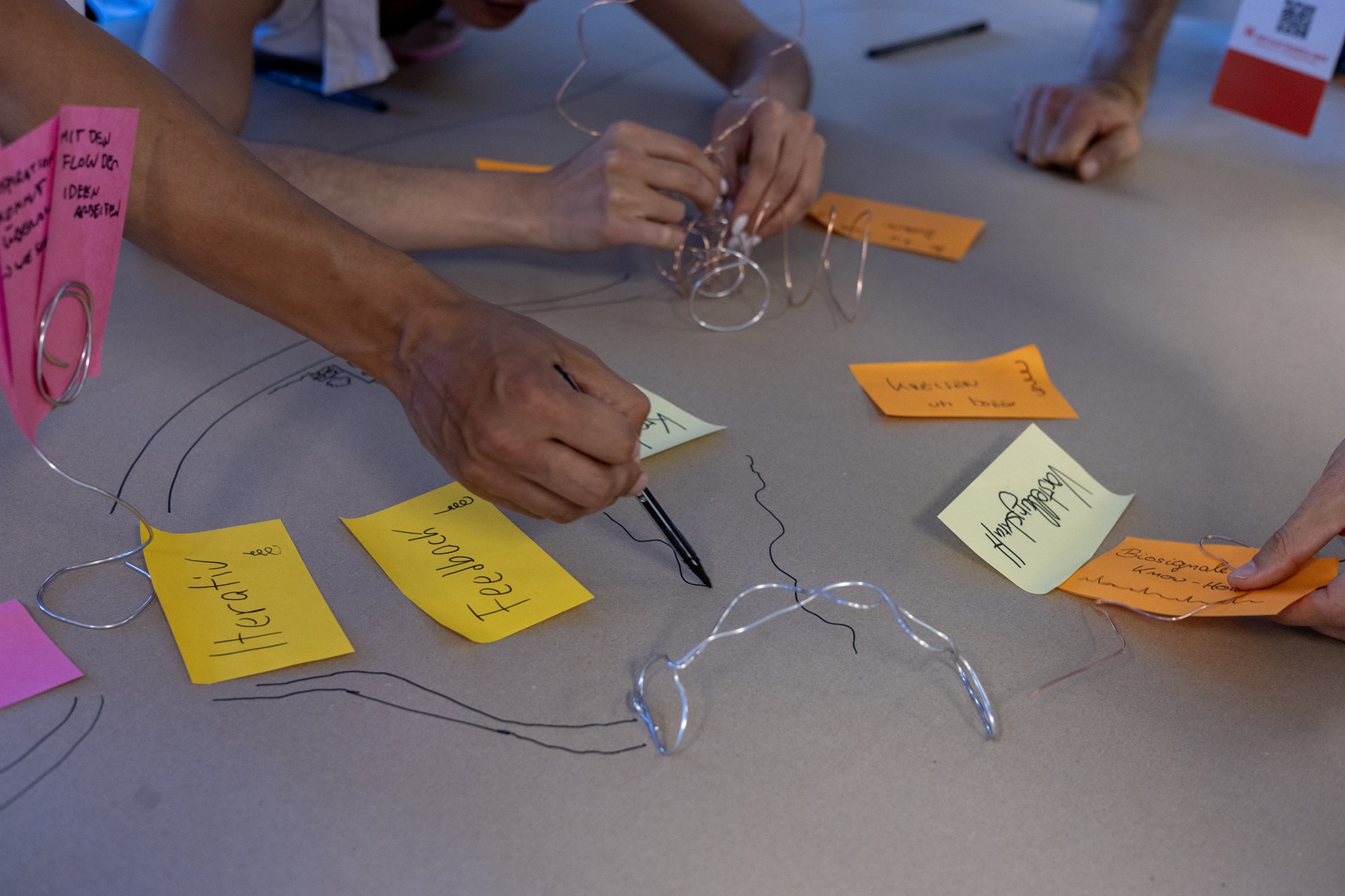 Auf einem Tisch liegen bunte Notizzettel mit Begriffen wie „Feedback“ oder „Iterativ“. Zwischen den Zetteln liegen Drähte. Die Hände mehrerer Personen zeichnen Linien auf die Tischfläche oder biegen die Drähte in verschiedene Formen.