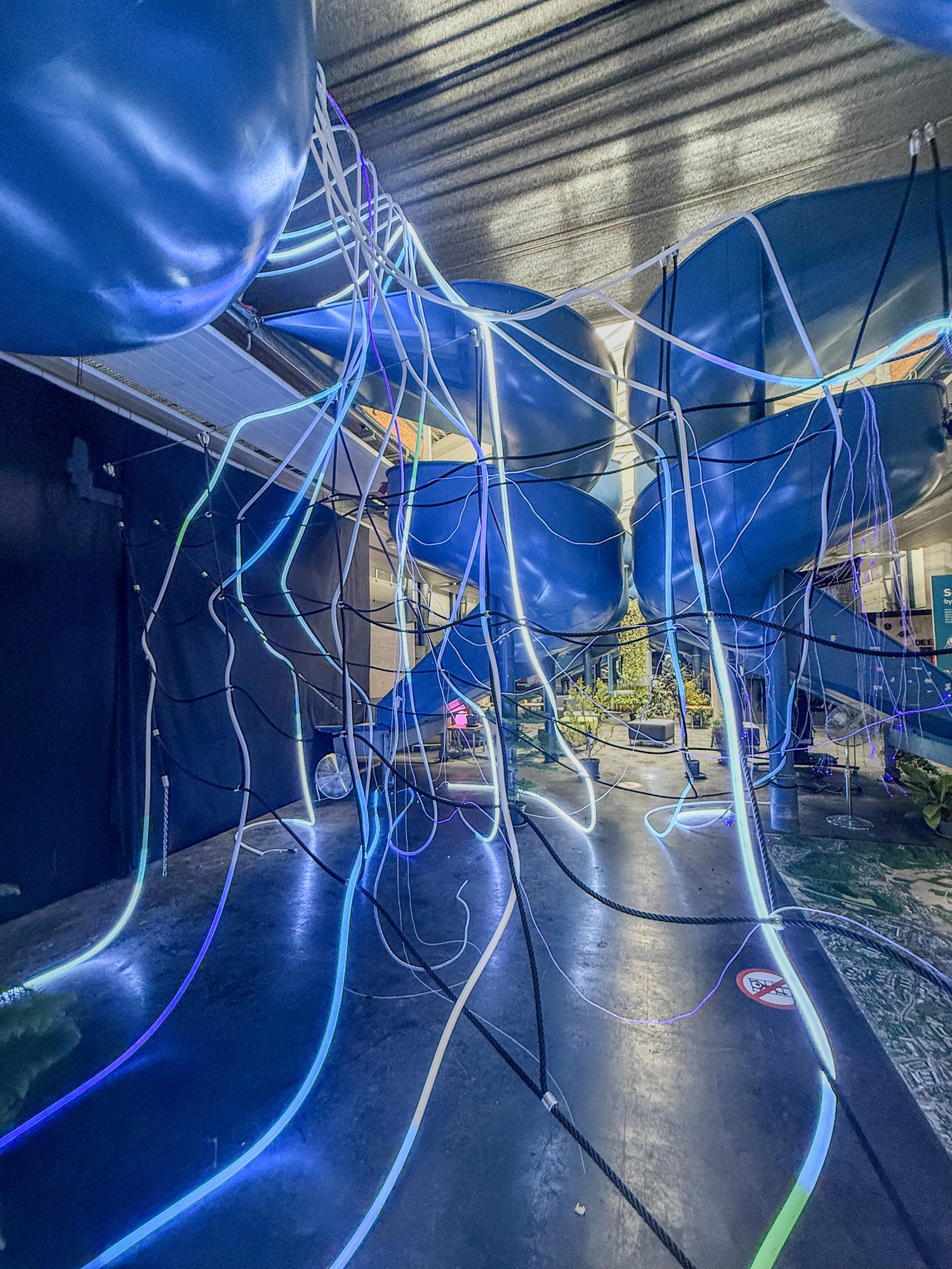 Eine Installation mit großen blauen Objekten ist zu sehen, aus denen einige leuchtende Kabel und Schläuche in den Raum hängen. Sie verlaufen über den Boden und durch die Luft, sodass ein Netz aus bunten Lichtlinien entsteht.