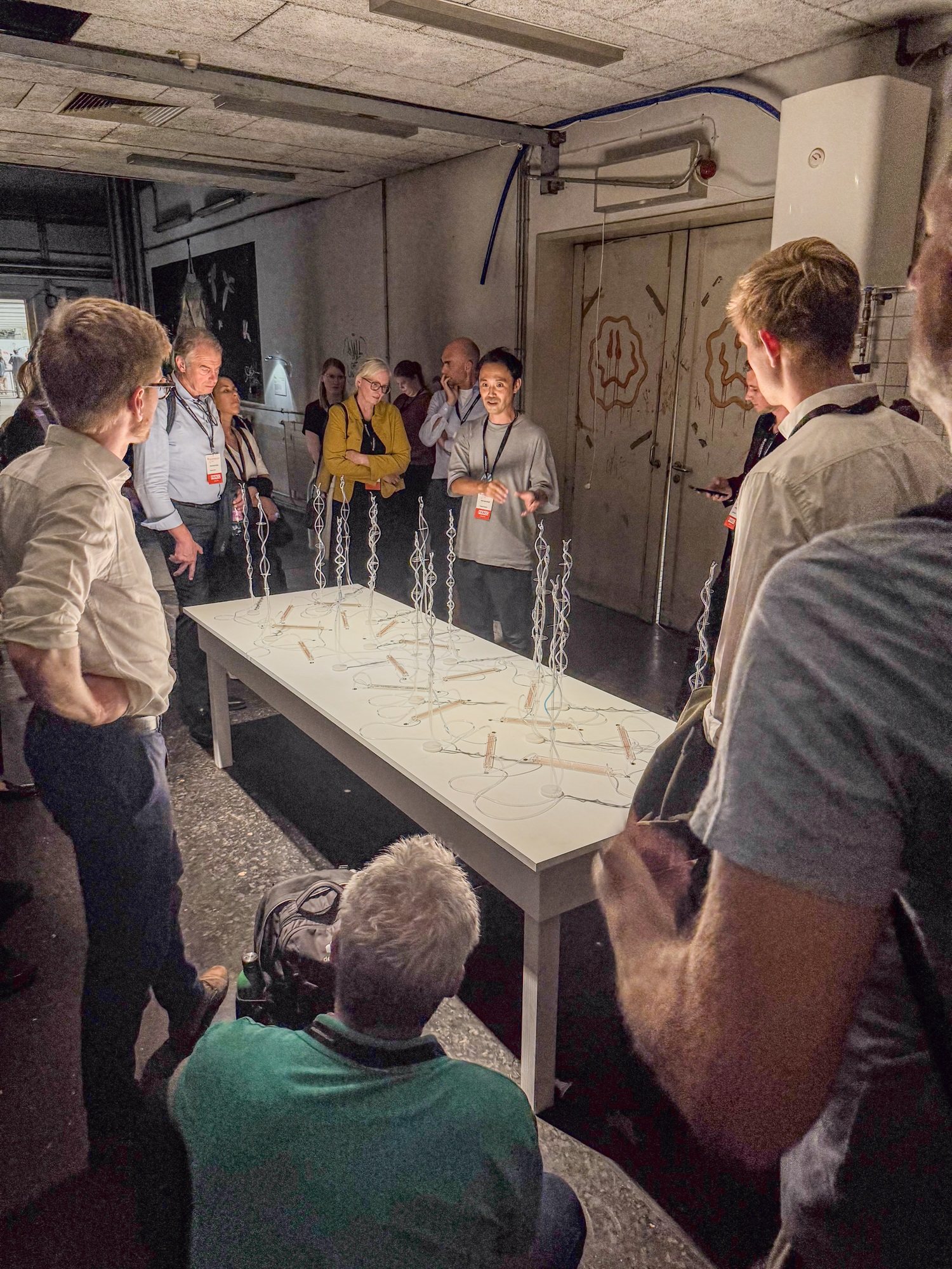 Eine Gruppe von Menschen ist um einen Tisch versammelt, auf dem mehrere dünne Drahtkonstruktionen stehen, die nach oben ragen und miteinander verbunden sind. Vorne am Tisch erklärt eine Person etwas, während die anderen zuhören und die Installation beobachten.