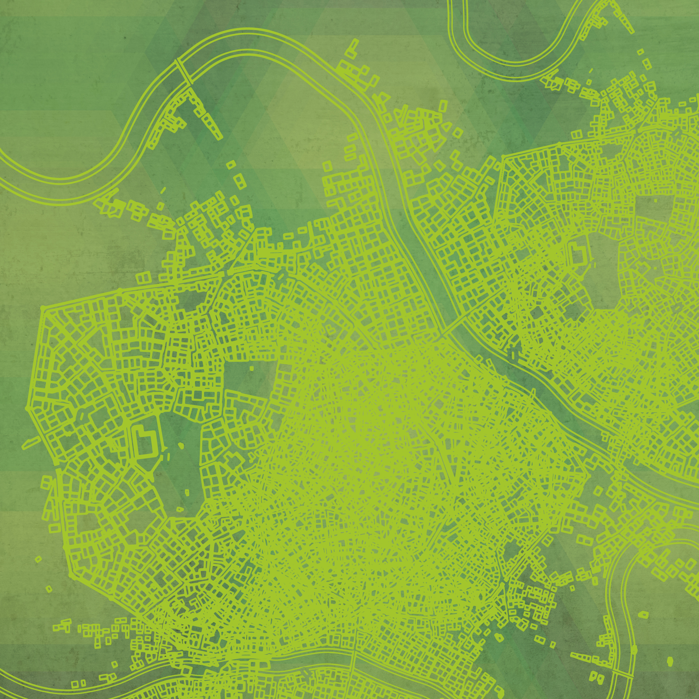 Ansicht einer Stadt auf einer Landkarte im Negativstil und in grüner Farbe.