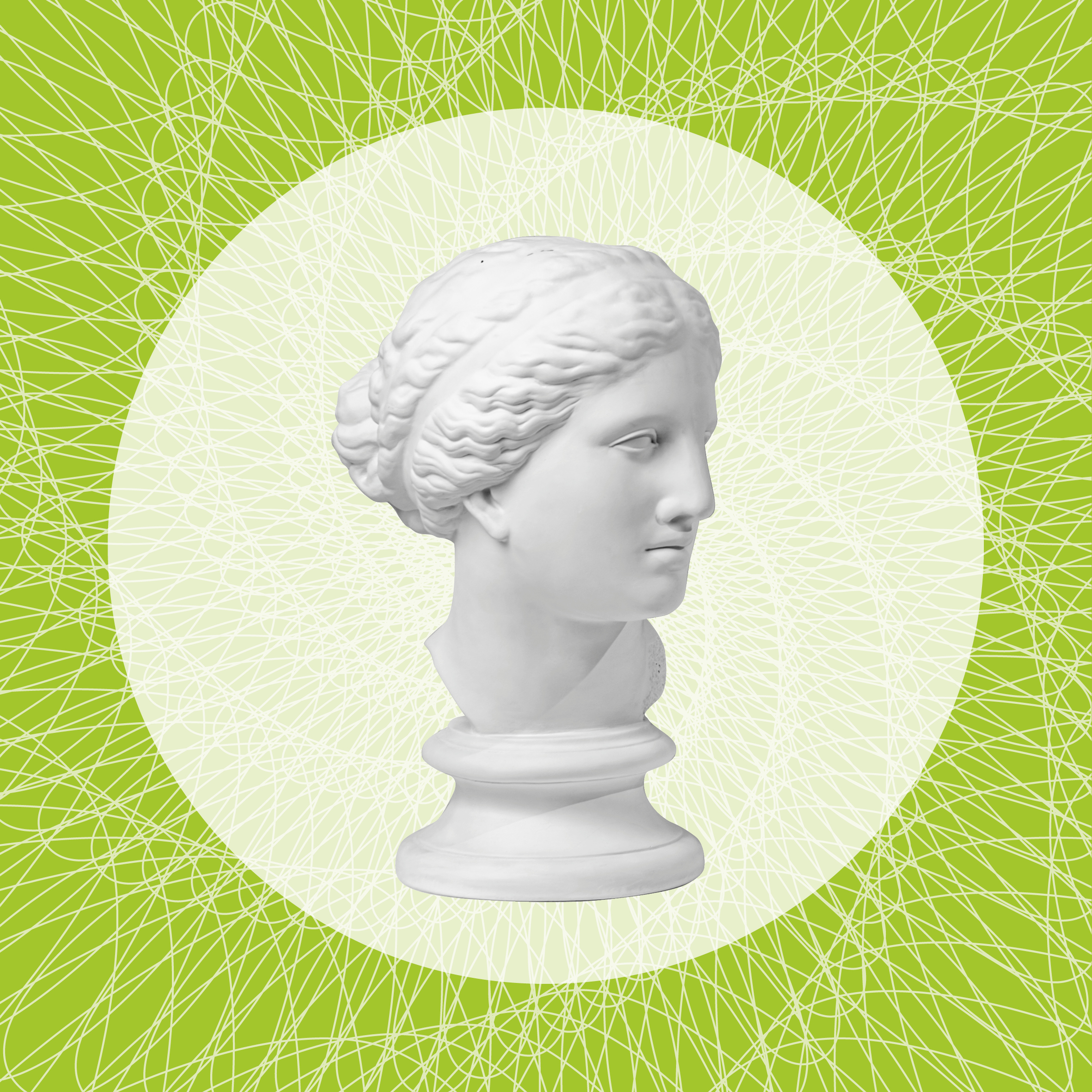 Die Büste einer Person schwebt in einem weißen Kreis, darum befinden sich grüne Muster.