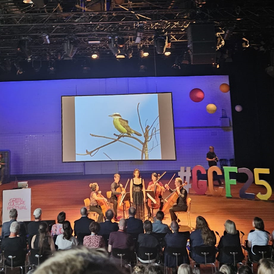 Zu sehen ist eine Bühne auf der ein Streichquartett sowie eine Sängerin mittig platziert sind. Im Hintergrund sind Visualisierungen eines Vogels zu sehen. Im Vordergrund ein Teil des Publikums. 