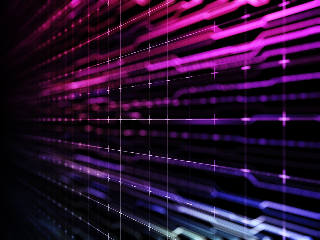 Abstrakte digitale Netzwerkvisualisierung mit leuchtenden Formen, Datenstrukturen und Anklängen an virtuelle und erweiterte Realität.