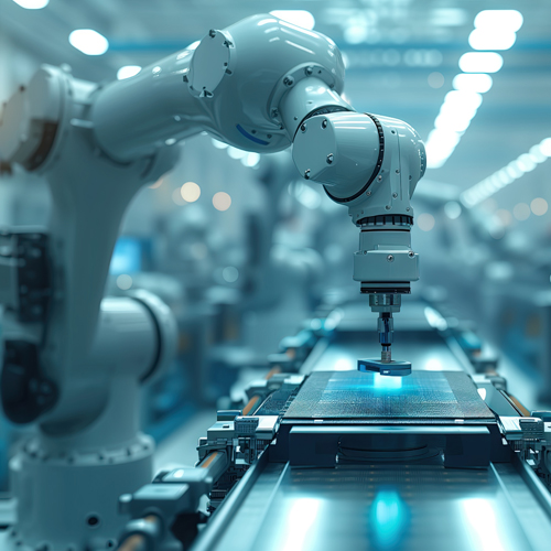 Ein Roboterarm montiert einen Chip auf eine Platine.