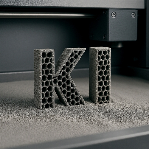 3D gedrucktes Wort "KI", KI-generiert