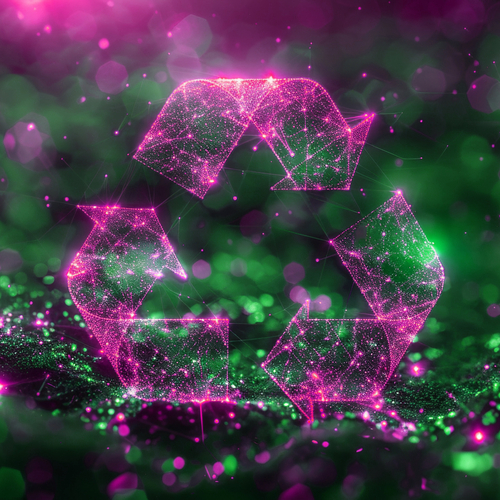 Ein Recycling-Symbol, das aus pinken und grünen Lichtern besteht, leuchtet vor einem dunklen Hintergrund.