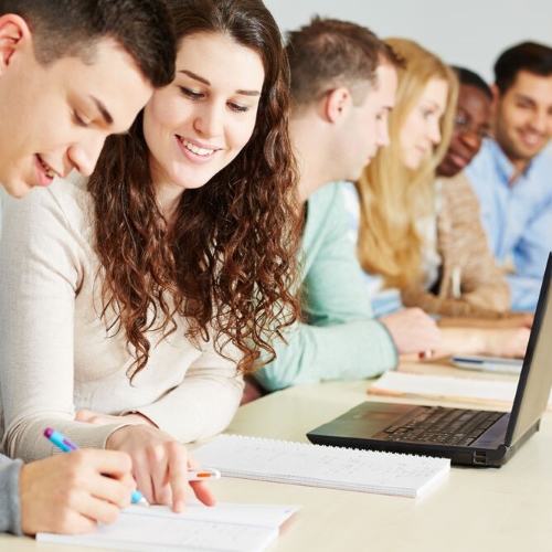 Fröhliche Studierende, die gemeinsam Notizen machen und lernen