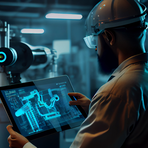 Ein Ingenieurmit einer VR Brille hält ein Tablet in der Hand.