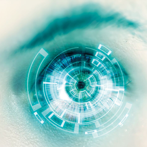Futuristische Darstellung eines Auges mit technologischen Elementen